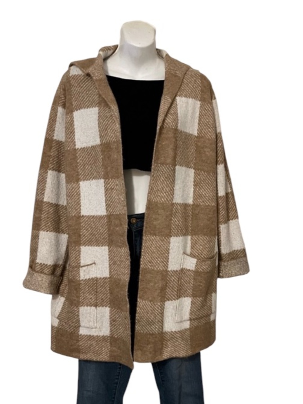 89th Madison Camel Knit Open Buffalo Plaid Check Knee Length Cardigan Sweater M